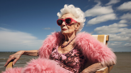 Happy mature senior woman on beach in a sun glasses and mature senior woman on beach enjoy holidays on the beach. Senior woman smiling rest in the beach. Mature senior lifestyle