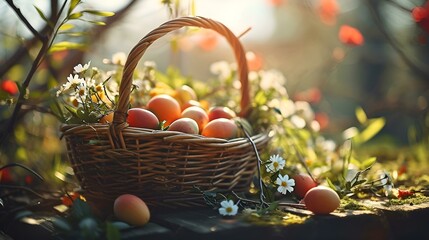 Fresh organic vegetables and fruits in wicker basket in the garden
