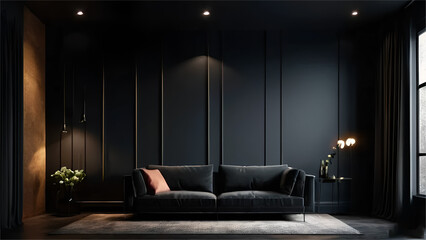 Modern dark home interior background with sofa and lights, wall mock up