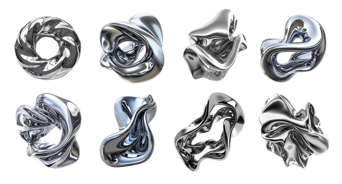 3d liquid silver metal chrome shape set isolated on white background. Abstract steel fluid objects futuristic wave, sphere, ball. Titanium graphic elements