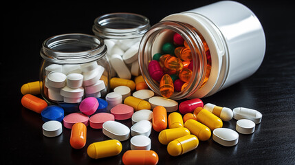 Pills and capsules spilling out of pill bottle. Many more capsules pills in the bottle. Capsules pills resolution product, healthcare concept. Supplement pills in jar