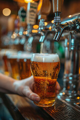 Fototapeta na wymiar pinte de bière servi avec une tireuse à bière sur un bar d'un brasserie
