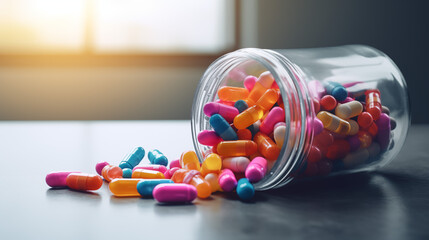 Pills and capsules spilling out of pill bottle. Many more capsules pills in the bottle. Capsules pills resolution product, healthcare concept. Supplement pills in jar