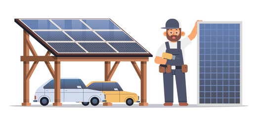 Solar panel installation specialist. Eco vehicle shelter. Flat vector illustration © Aroma_Art