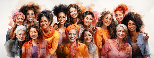 Watercolor illustration of cheerful multigenerational and multiethnic women celebrating unity and feminity on women's day
