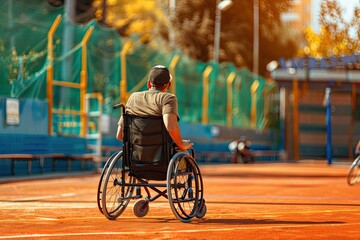 person in wheelchair. on the outdoor sports field.