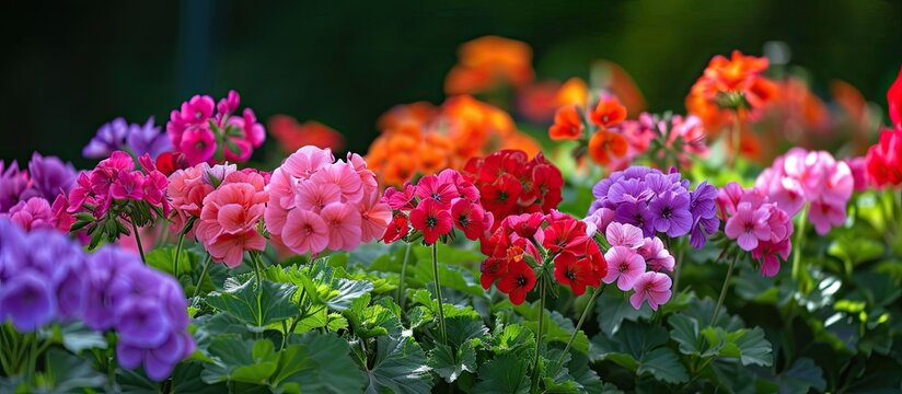 A vibrant mix of Geranium Multibloom flowers scattered across the green grass.