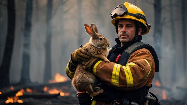 male firefighter holds a rescued hare in his arms