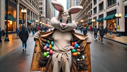 easter bunny in the city reveals hidden eggs in his trench coat, a whimsical urban moment - obrazy, fototapety, plakaty