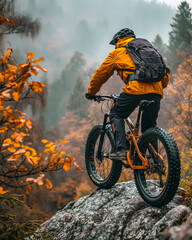 Naklejka premium Cyclist Overlooking Misty Autumn Valley on Mountain Bike 