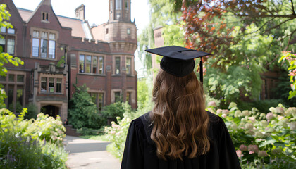 Caucasian woman in graduation attire near university, seen from behind