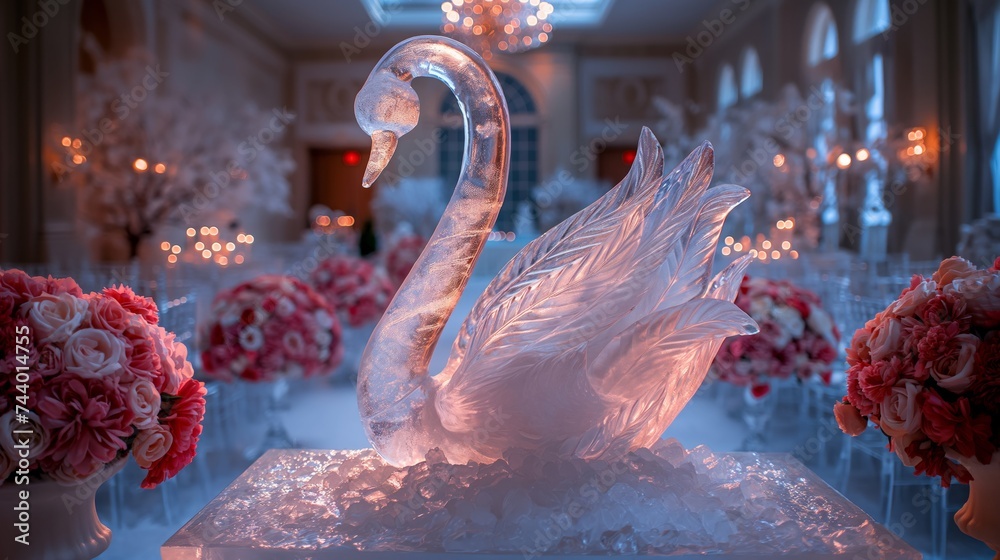 Wall mural An ice sculpture of a swan stands in the center of the beautifully decorated wedding hall