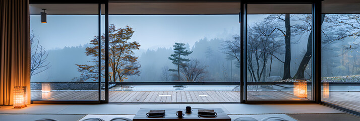 Fototapeta premium view from window, Chill balcony with a beautiful cold landscape scene
