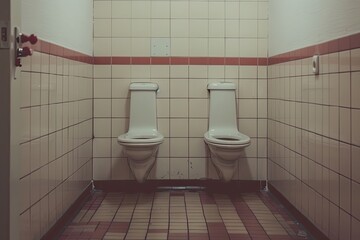 A bathroom with toilets and tiles.