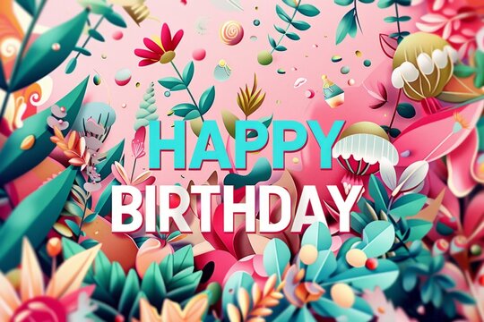 HAPPY BIRTHDAY colorful happy birthday banner with text on pink floral background Generative AI