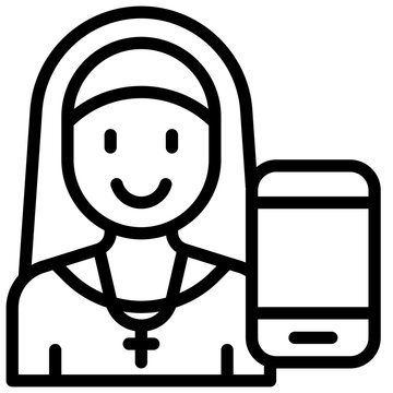 nun holding phone, smiling, line art clip art preview