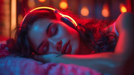 relaxed slightly smiling  woman with neon headphones