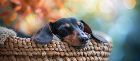 A small Dachshund dog, with black and brown fur, peacefully sleeps inside a cozy basket.