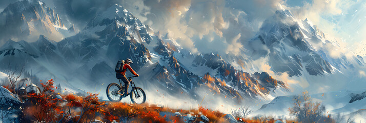 Beautiful Mountain Bike Moment,
Athletes on bicycles ride on a trail in the background a mountain range