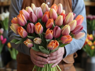 man hands holding big bouquet of tulips