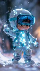 Fashionable toy design, a mature boy with light blue and white short hair, wearing VR glass