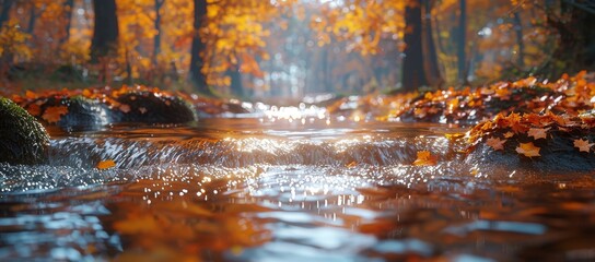 Amidst the vibrant colors of fall, a peaceful stream flows through a lush forest, its surface adorned with floating leaves and the sound of rain echoing through the trees