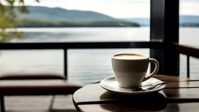 A cup of coffee on a caf&eacute; table with a view of the lake seamless looping time-lapse animation video background. Generated AI