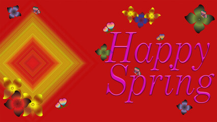 Happy spring greeting card with flowers and butterflies.