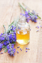 Obraz na płótnie Canvas Lavender oil or extract on wooden background with fresh flowers nearby, copy space, herbal remedy for insomnia and stress, natural hair and skin treatment, vertical, aromatherapy concept