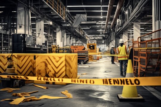 A cautionary scene at a busy industrial complex with a striking yellow and black warning tape in the foreground