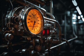 Detailed Image of a Machine Gauge Amidst the Intricate Network of Pipes and Gears in an Industrial Facility