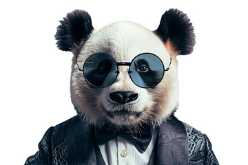A panda wearing a bow tie and a monocle isolated on a transparent background, PNG format. This PNG...