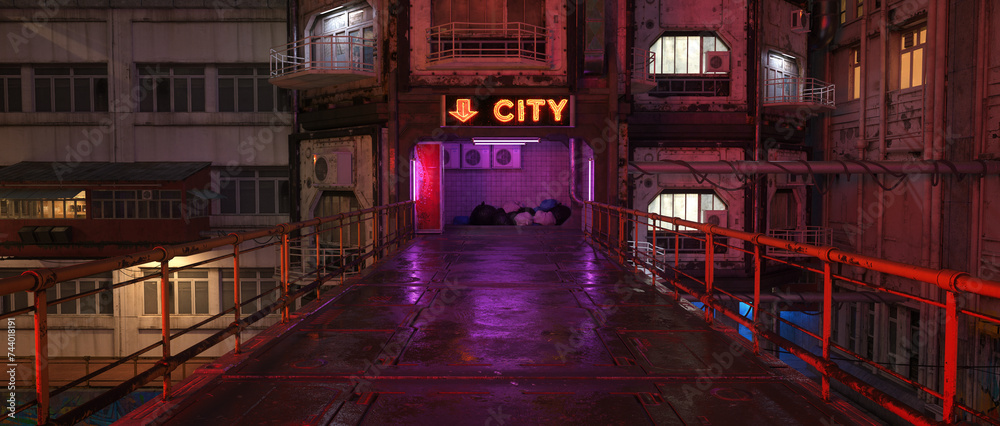 Poster wide panoramic 3d render of a bridge leading to a subway entrance in a dystopian future cyberpunk ci