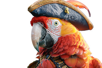 A parrot wearing a pirate hat and a gold earring isolated on a transparent background, PNG format....