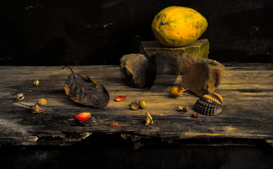 Fine art still life from Italy: fruits, seeds or bracelets