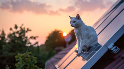 Sunset Sentinel: White Cat with Striking Eyes Guarding a Solar Panel Installation at Twilight