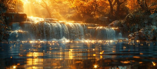 Amidst the tranquil night, a majestic waterfall cascades through a lush forest, its shimmering waters illuminated by the soft glow of the moon
