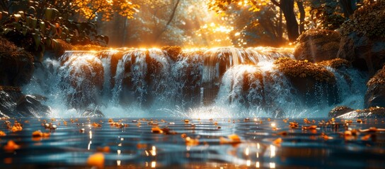 A majestic tree stands tall, basking in the soft light of a tranquil forest, as a mesmerizing waterfall cascades down into a peaceful fountain of natural beauty - obrazy, fototapety, plakaty