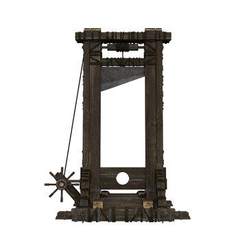 Medieval guillotine with wooden frame, an ancient execution machine for capital punishment. Isolated 3D render.