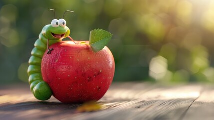 A Cheerful Green Caterpillar Exploring a Dew-Kissed Red Apple on a Rustic Wooden Surface Amidst a Blurry Autumnal Background