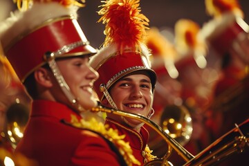 A vibrant marching band performs a halftime show, captivating the audience with their precision and energy.