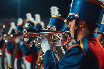 A vibrant marching band performs a halftime show, captivating the audience with their precision and energy.