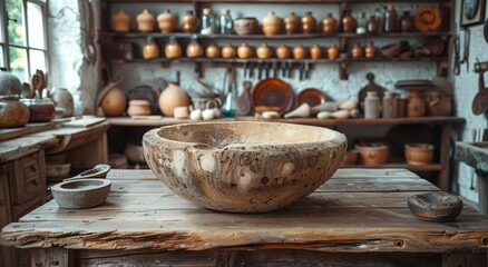 Fototapeta premium A rustic wooden bowl sits atop a table, its earthy ceramic design adding warmth and character to the indoor space surrounded by pottery and vases on the wall and shelf