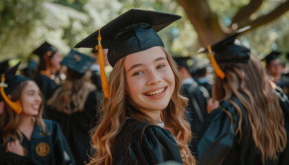 Obraz premium Foregrounded young girl among jubilant graduates in outdoor setting