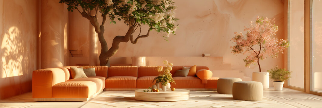 a living room with orange and beige furniture, flowers and a tree near a coffee table, in the style of abstract minimalistic compositions