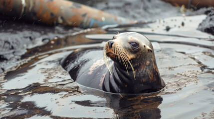 Marine Tragedy: Seal Coated in Fuel Oil Struggling on Polluted Shoreline