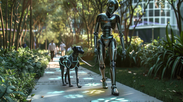 Futuristic Concept of a Humanoid Robot Walking a Robotic Dog on a Sunny Day in an Urban Park Setting