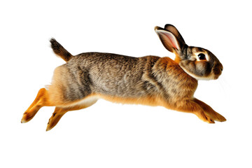 a high quality stock photograph of a single jumping happy bunny rabbit isolated on a white background