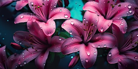 Pink flowers with water droplets, on dark green background. Wallpaper art, pattern for postcards and backgrounds
