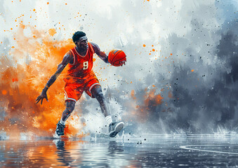 Obraz premium A basketball player in mid-dribble, dynamically captured in watercolor splashes of orange and gray, conveying energy and motion on a reflective court surface.Sport concept.AI generated.